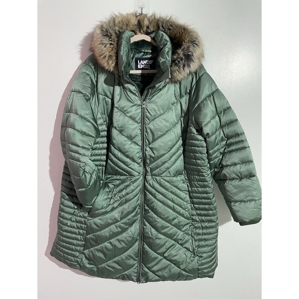 Lands End Puffer Coat Women 2X Green Faux Fur Hood Quilted Fleece Primaloft NWOT